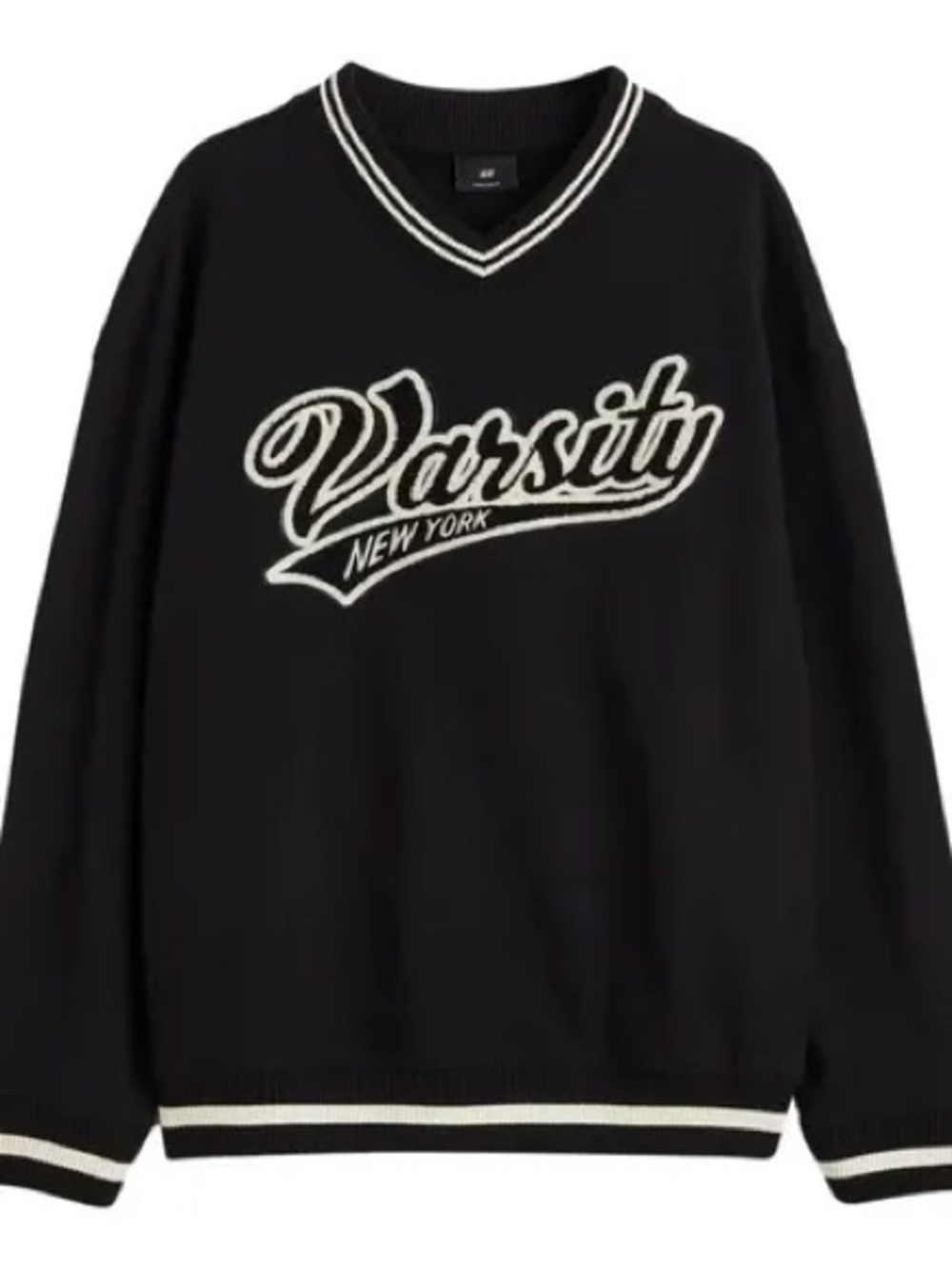 H&M Black V-Neck Varsity Sweater with Cream Trim